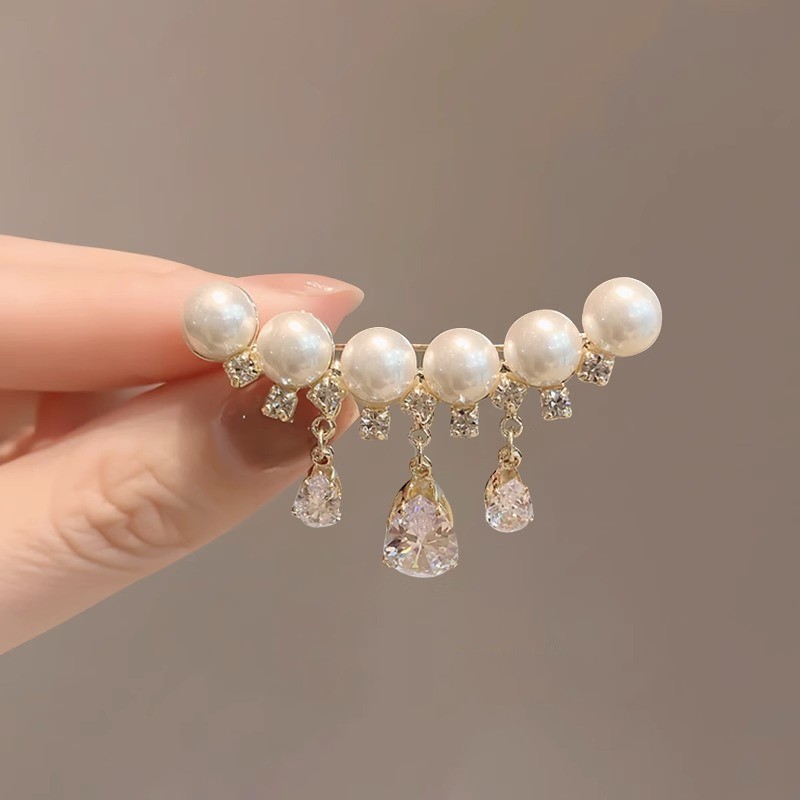 Water Drop-Shaped Pendant Side-By-Side Pearl Brooch Wholesale High-End Fashion Brooch New French Retro Palace Style Brooch