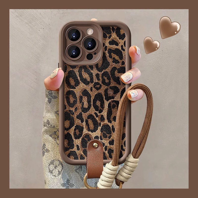 Leopard Print Leather Apple 17 Mobile Phone Case 16Promax Lambskin 14 Frosted Silicone Xr Classy 13 Anti-Fall Lanyard