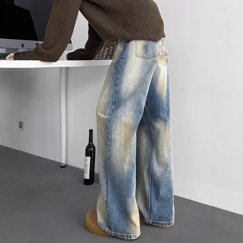 American-style High Street Vibe Washed Jeans Men's Retro Wear dirtyfit Dirty Dye Pants Design Sense Micro-pants