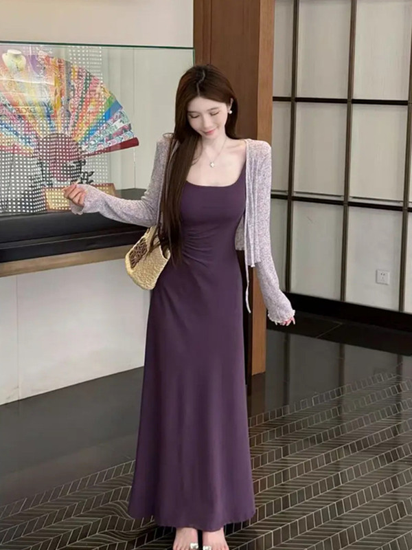 2025魅力气质紫色方领收腰显瘦吊带连衣裙冰丝针织开衫两件套女夏|undefined