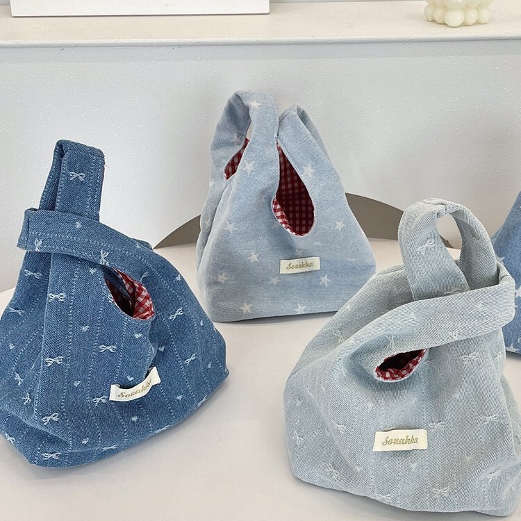 5461 Cute New Denim Handbag, Portable Storage, Wrist Bag, Contrasting Red Checkered Handbag