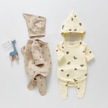 2023韩版新春秋款宝宝爬服套装印花打底哈衣+连脚长裤+帽子三件套