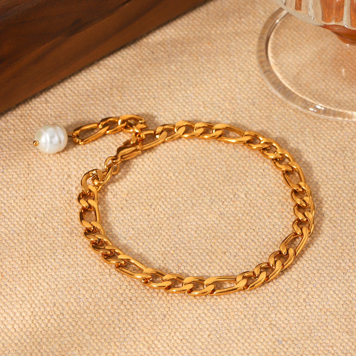 Estilo ins transfronterizo Europa y América Oro de 18 quilates Figaro de acero inoxidable tobillera Perla de agua dulce colgante adorno de pie joyería de acero de titanio