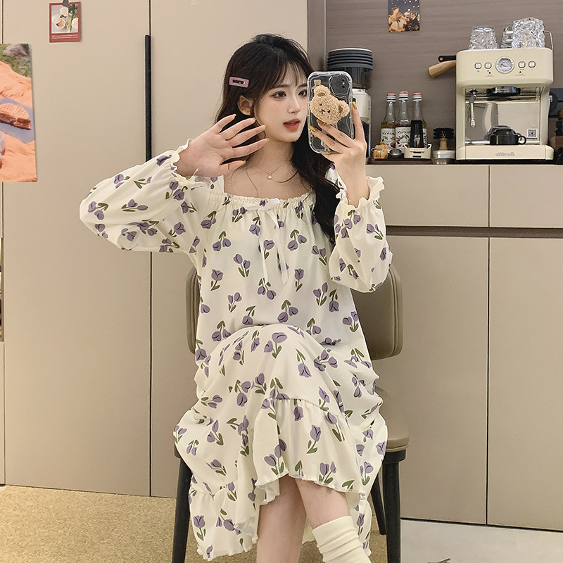 2025 primavera y otoño pijama con cojín de pecho desmontable pijama de mangas largas de lana fresca ropa de hogar larga de niñas estudiantes