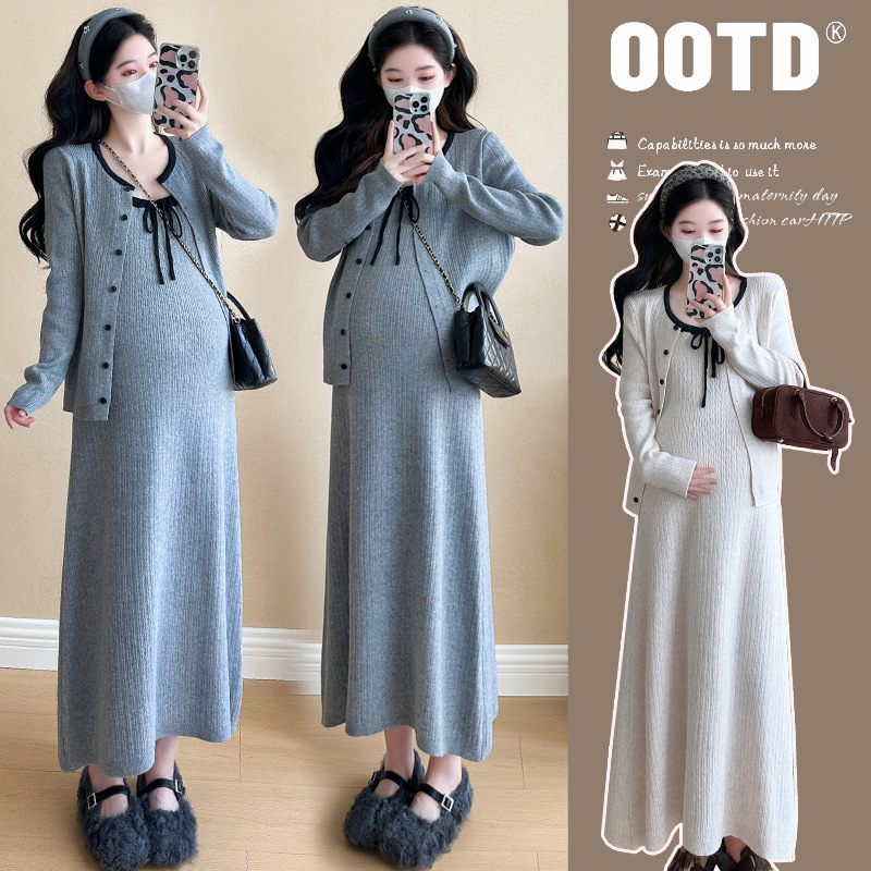 Maternity Wear Autumn and Winter Trendy Mom Fashion New Dress Pregnancy Casual Simple Knitted Cardigan Long Skirt Two-Piece Set