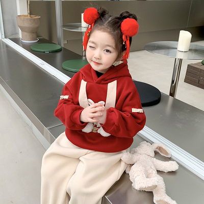 girl winter new pattern Plush thickening Sweater sweatpants  suit children Chinese style Children's clothing Chinese New Year baby Happy New Year