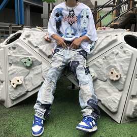 2023款高街破洞牛仔裤男水洗刀割宽松男女直筒补丁贴布嘻哈长裤潮