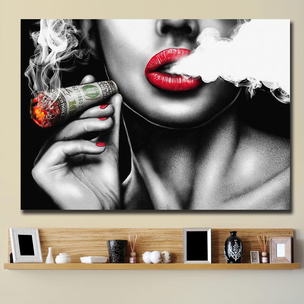 Foreign trade hot sale red lips smoking figure vintage wall hanging painting Woman canvas painting home decoration