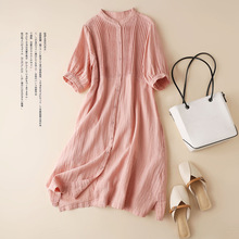 日系女裝出口尾單風琴褶五分袖連衣裙夏季純色開衫襯衫裙