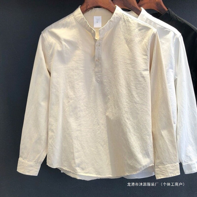 Cotton and Linen Stand-Collar Long-Sleeve Shirt for Men, Spring and Autumn Versatile Trendy Casual Pullover Shirt Jacket, New Chinese Style Cotton and Linen Stand-Collar Long-Sleeve Shirt for Men, Spring and Autumn Versatile Trendy Casual Pullover Shirt Jacket, New Chinese Style