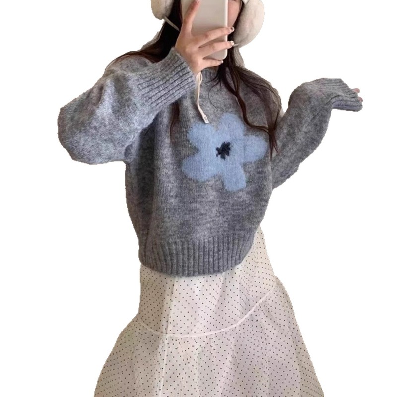 韩系甜美减龄花朵圆领长袖毛衣女秋冬日系软糯外穿内搭针织衫上衣|undefined