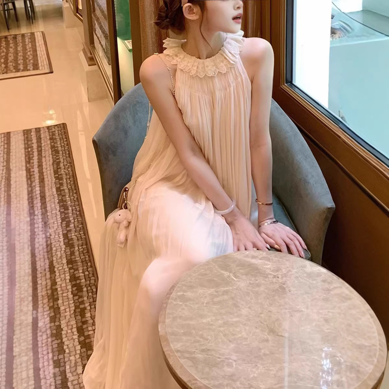 Capri Midsummer Fairy Silk Embroidered Petal Collar Halter Dress Pleated Sleeveless Loose Casual Dress