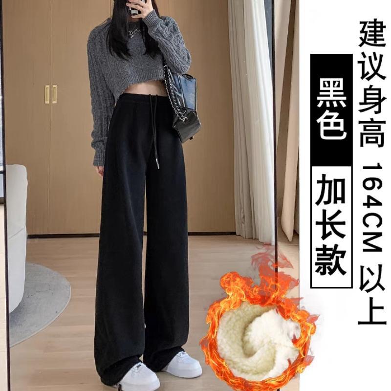 秋冬の女性用ホワイトグレーベルベットスウェットパンツ、ハイウエストワイドレッグルーズレギンススウェットパンツ、厚みのあるシェルパアウターコットンパンツ