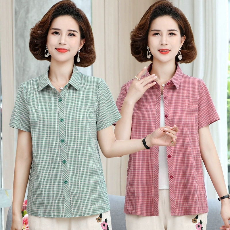 Летняя рубашка с коротким рукавом для мамы 2025, новый хлопковый клетчатый топ, свободный крой, большой размер, рубашка с отворотами для женщин среднего и пожилого возраста