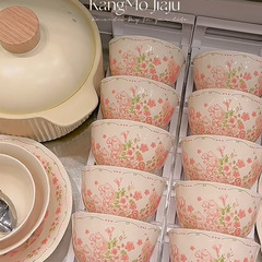 釉下彩粉色碗碟套装家用小清新陶瓷米饭碗餐具汤碗盘面碗送礼批发