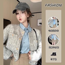 三件套女秋冬新款感灰色小香风毛呢短外套牛仔衬衫半身裙