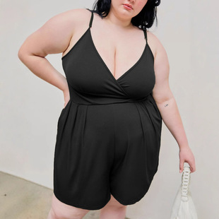 Dtk8804 Plus Size Women's Summer Suspender Jumpsuit Fat mm Slim V Neck Loose Casual Home Wear