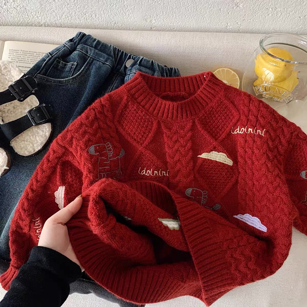 Children's red knitted winter base body-friendly sweater for men and…