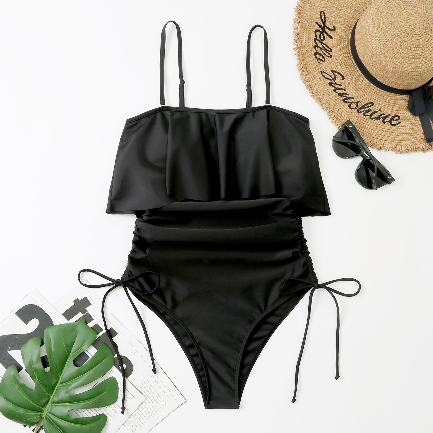 2024 new solid color ruffled one piece swimsuit sexy strapless off shoulder drawstring women's clothing_voghion.com