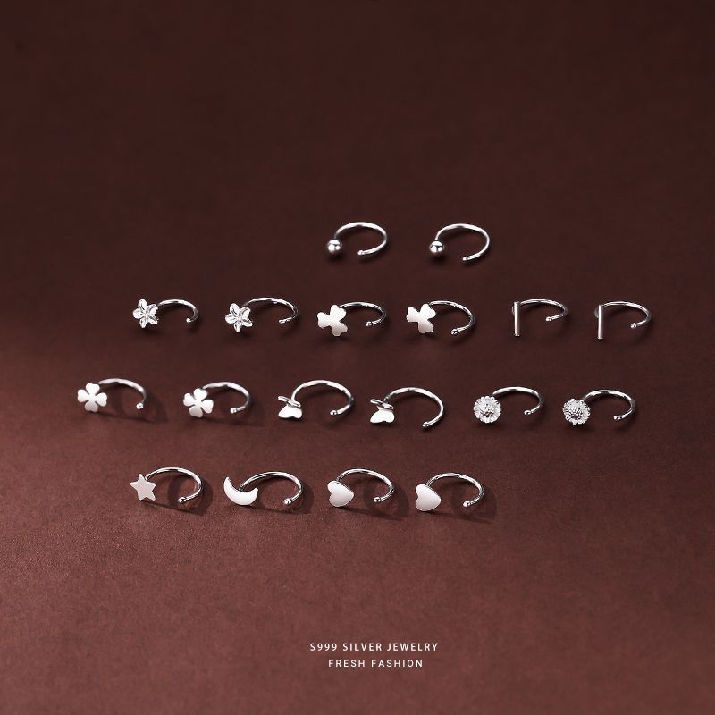 S999 small and simple silver hook, women's hole, high-end feeling, ear bone ring, temperament, versatile earrings_voghion.com