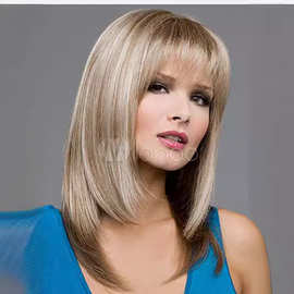 欧美跨境外贸假发亚麻金色长卷发新品速卖通纤维机制假发齐刘海