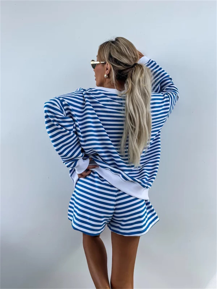 Summer New Women's Casual Striped Long Sleeve V-Neck Loose Top Sports Shorts 2-Piece Set For Women_ecoleips.com