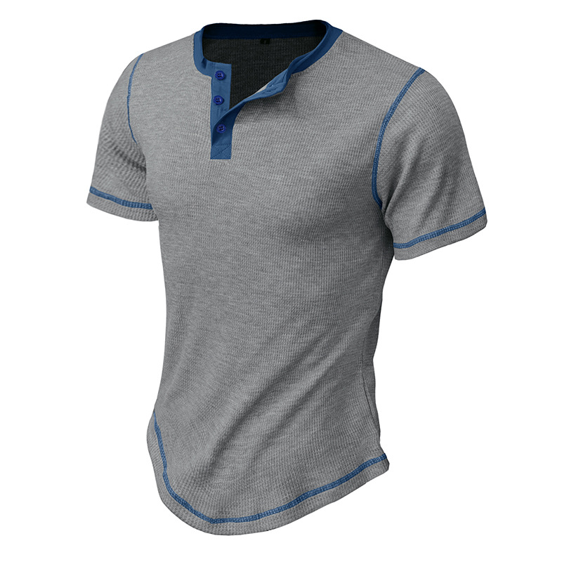 Herren 2023 Sommer Kurzarm Henley Shirt Schönes lässiges Retro T-Shirt Waffel Farbblock Rundhalsshirt_voghion.com