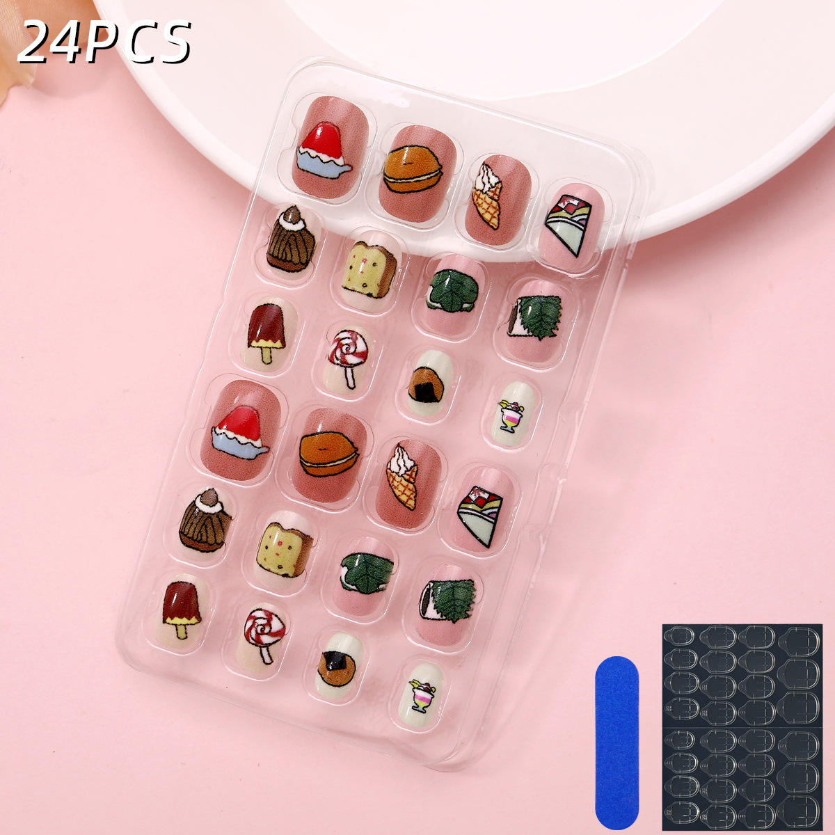 Juego de 24 piezas de uñas postizas para niños con diseño de dibujos animados, desmontables con adhesivo y exquisito diseño.