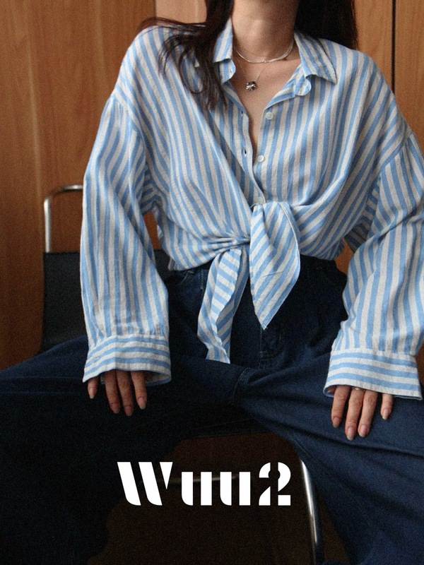 Wuu2 无尽之夏 软糯蓝色条纹棉麻衬衫女慵懒法式休闲宽松复古衬衣|undefined