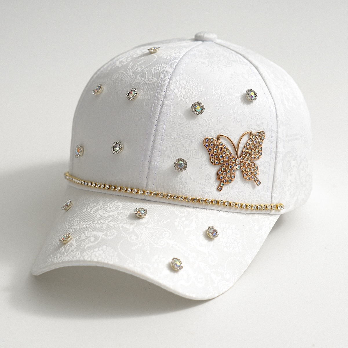 Hombres y mujeres pareja sombrero de béisbol hecho a mano con diamantes lindos mariposa flash flor accesorios de gemas de moda callejera citas