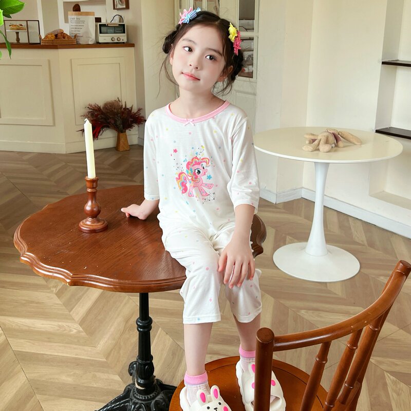 [Customized] Children's Three-Quarter Sleeve Summer Lyocell Air-Conditioned Clothing for Boys and Girls Boneless Pajamas Eco Silk Home Clothes