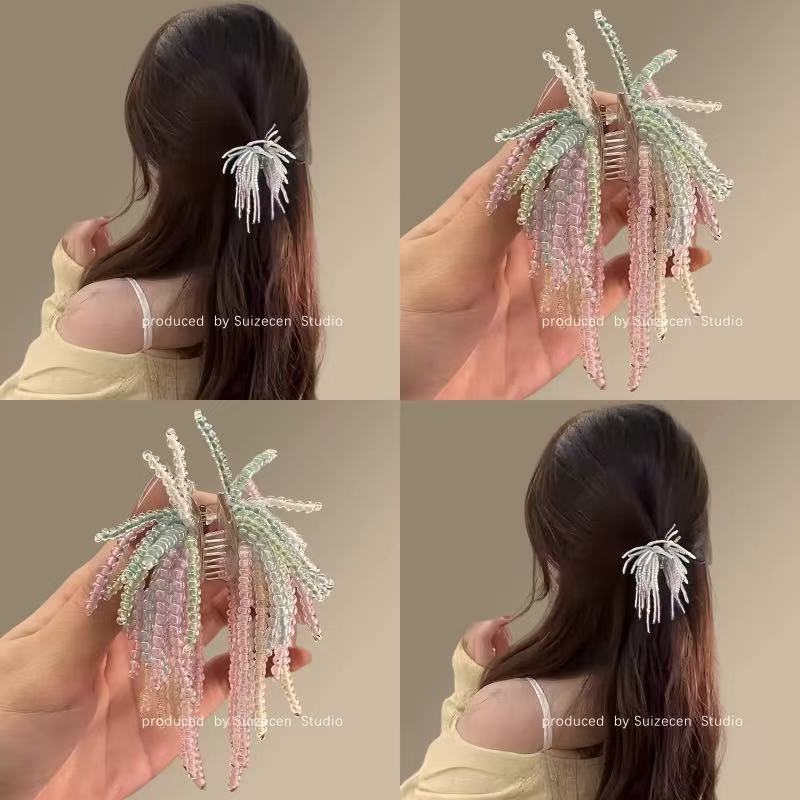 绽放烟花！彩色串珠小号抓夹！超仙甜美盘发半扎发马尾鲨鱼夹头饰|undefined