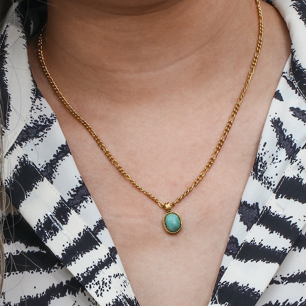 Natural Stone Inlay Material Necklace Classification PVD Coated Real Gold Plated 18K Gold Oval 304 Stainless Steel Glam Waterproof Non Tarnish 304 Stainless Steel Necklace
