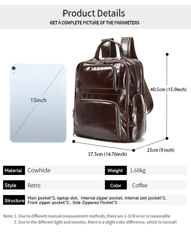 Ba lô công sở nam da sáp dầu dung tích lớn, đựng laptop 15 inch, phong cách retro — nâu chi tiết 3