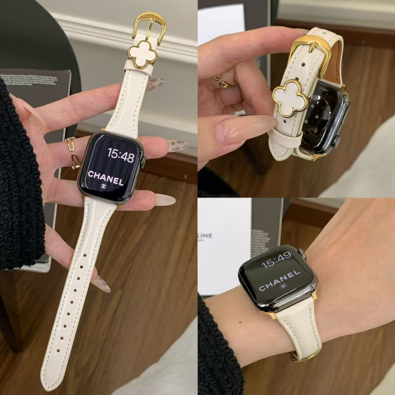 Suitable for Apple S11 Watch Strap Iwatch10 Four-Leaf Autumn and Winter Leather Applewatch8 Female S9 Strap