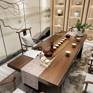 Office Tea Table and Chair Combination Integrated Solid Wood Tea Table Complete Set of Tea Table Tea Room Log Large Board Tea Table Complete Set for Home Use