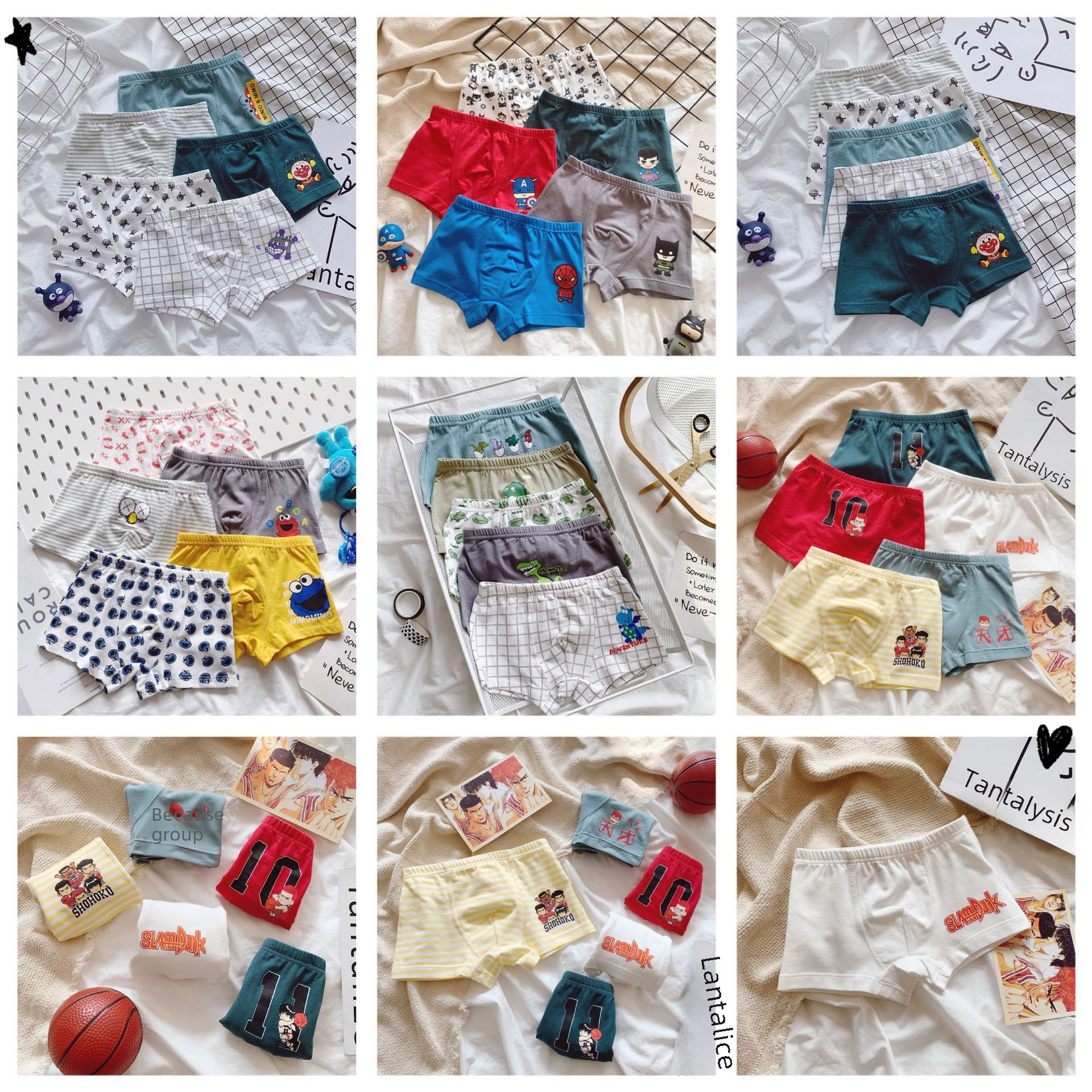 MIMO Boys' Cute Cartoon Cotton Flat-Bottom Underpants for Kids, 5-Pack, Drop-Shipped for Foreign Trade