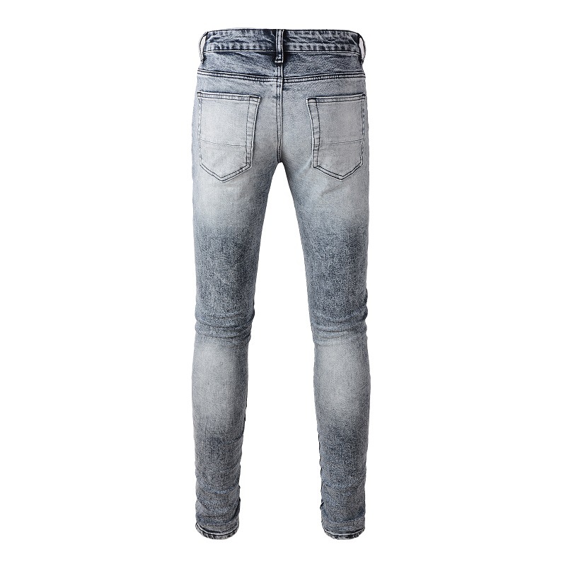 Vêtements pour hommes dans le même style moustaches de chat froissées patchwork noir trous en cuir élastique slim fit jeans skinny jeans_voghion.com