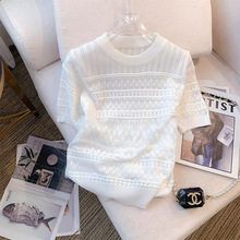 实拍现货夏季新款设计感圆领短袖修身T恤薄款冰丝针织衫女