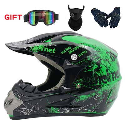 Motosiklet kaskı (dəbilqə) — mountain motorcycle helmet Four Seasons - green-floral-goggles-mask-black-gloves-s