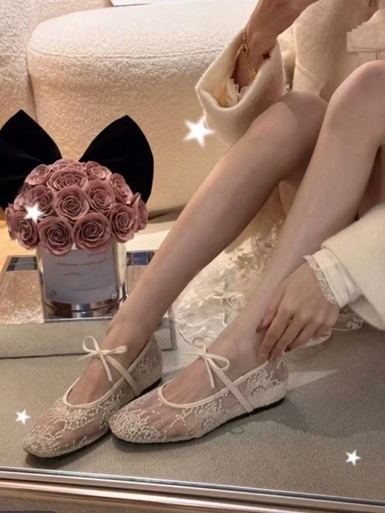 ¡Verición de Sheepskin! Zapatos de malla francesa para mujeres aumentando la altura interior de la cabeza cuadrada y lazo superficial con falda de hadas estilo Mary Jane