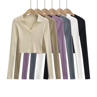 Verti Export European and American Style New Women's Clothing Small Sexy Deep V Lapel Knitted Short Long-sleeved Bottoming Shirt