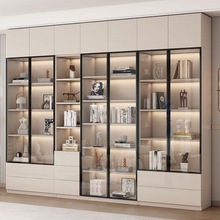 现代轻奢储物展示柜家用客厅整墙一体带玻璃门书柜实木收纳书架