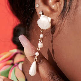 日系少女甜心复古夸张白色贝壳流苏水滴珠珍珠亚克力耳环