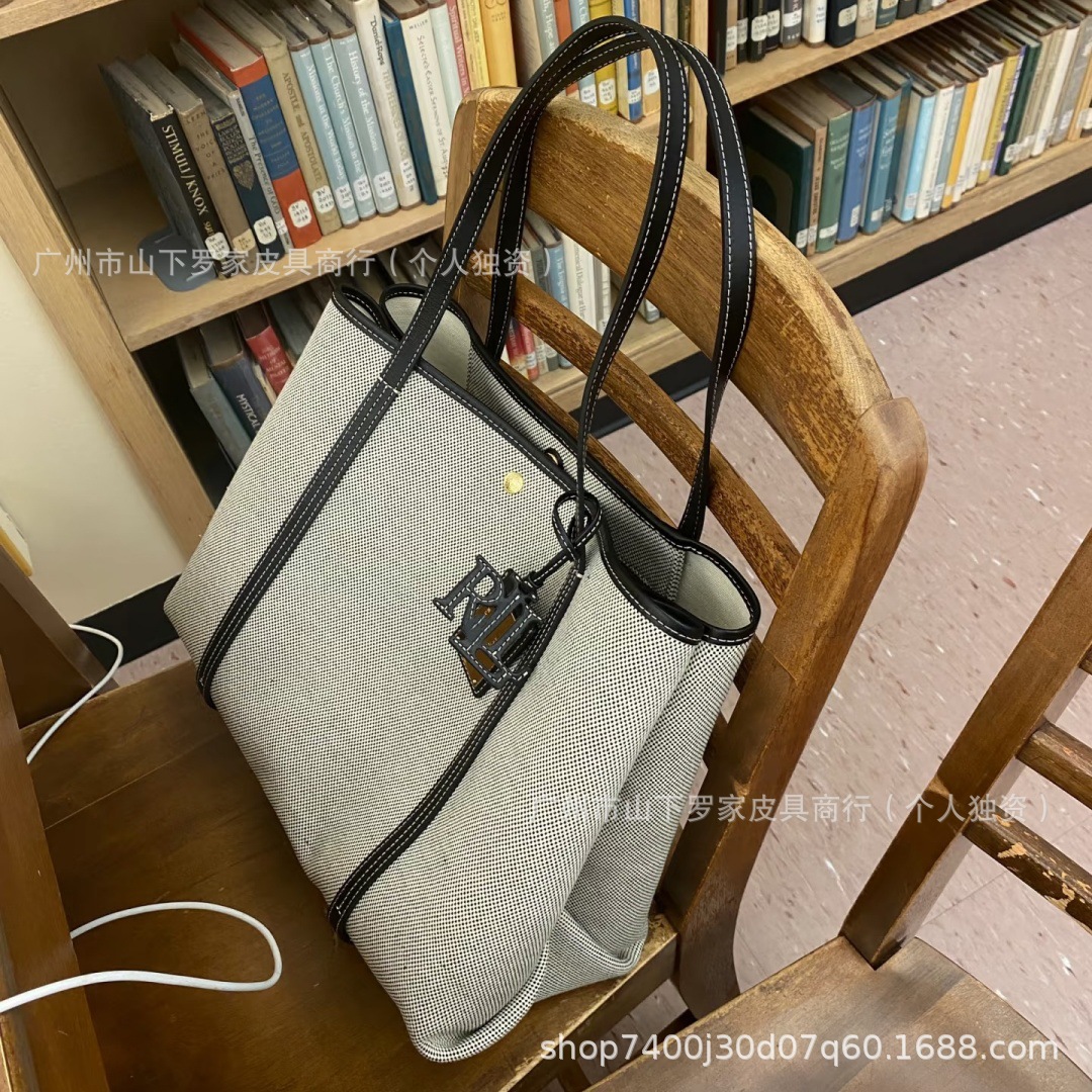 Cross-Border New Emerie Canvas Leather Tote Bag Fashion Elegant Women's Lauren Shopping Bag - Thumbnail 2