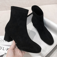 歐美優雅氣質絨面短靴中筒網紅彈力瘦瘦靴黑色舒適粗跟個性女靴