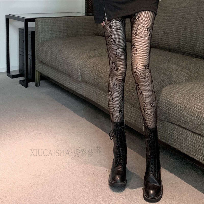 Hand-Tearable Fishnet Pantyhose, Black Lace-Trim Stockings, One Size, No-Remove Design — detail image 3