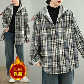2024秋冬棉麻格子加绒宽松简约中长款长袖衬衫