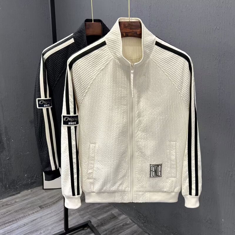 2024 Spring and Autumn New Trendy Brand Men's Pleated Contrast Striped Jacket European Station Casual Top High-end Sense Jacket 2024 Spring and Autumn New Trendy Brand Men's Pleated Contrast Striped Jacket European Station Casual Top High-end Sense Jacket