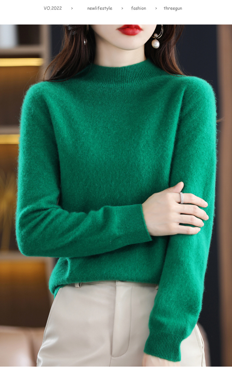 2022 Autumn and winter Cashmere sweater for women, semi-high collar, slimming, pullover, solid color 100 long-sleeved knitted base wool sweater pic 31